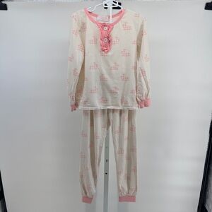 Cecil and Lou Gingham Bunny Pajama Set in cream and pink ruffle collar